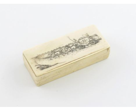 λA 19th century ivory snuff box, rectangular form, the hinged cover with a coaching scene, length 9.7cm.