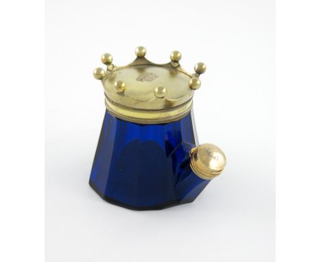 An early Victorian silver-gilt mounted blue glass inkwell, by G. Riddle, London 1838, tapering ten sided form, the spout with