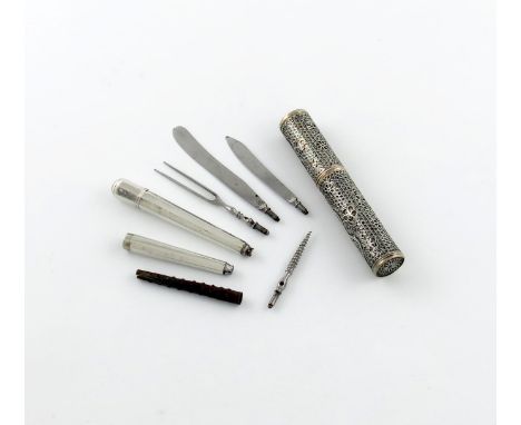 An 18th century silver part campaign set, unmarked, comprising: two tapering knife/fork handles, one with a cover, a screw-in