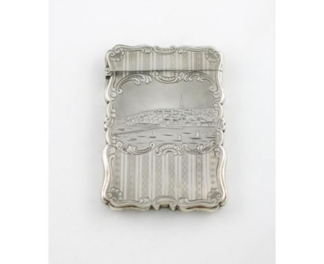 A Victorian silver engraved 'castle-top' card case, St. Columb's Cathedral, Londonderry from the river Foyle, by Nathaniel Mi