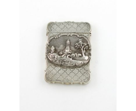 A Victorian silver 'castle-top' card case, Burns Monument, Alloway, by Nathaniel Mills, Birmingham 1850, rectangular form, sc