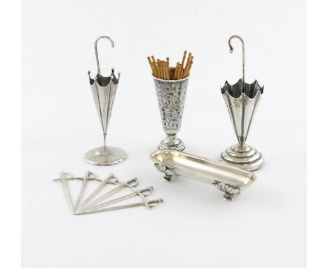 A small collection of four silver toothpick holders, comprising: a Chinese one of umbrella form, by Wang Hing, on a circular 
