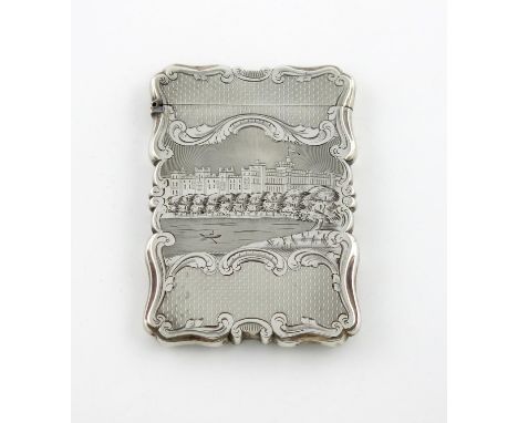 A Victorian silver engraved 'castle-top' card case, Windsor Castle by Nathaniel Mills, Birmingham 1850, rectangular form, the