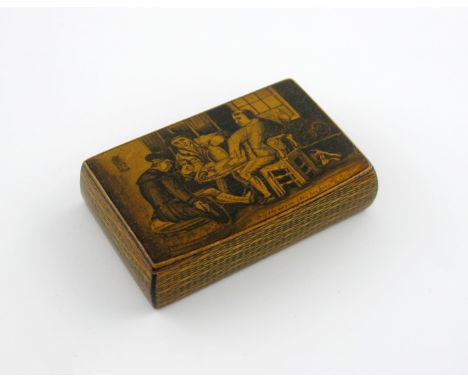 A 19th century Mauchline Ware sycamore and pen work snuff box, by Laurie, Cumnock, of curved rectangular form, the cover with