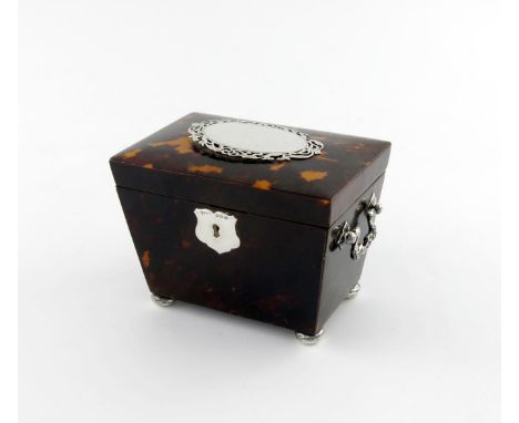 λA late-Victorian silver-mounted tortoiseshell tea caddy, by Saunders and Shepherd, Chester 1894, tapering sarcophagus form, 