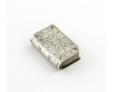 A 19th century silver snuff box, unmarked, book form, hinged cover, engraved foliate decoration, length 3.5cm, approx. weight