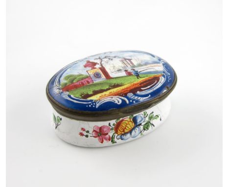 An English enamel snuff box, c.1770-80, the oval form painted to the cover with two figures fishing on the bank of a river be