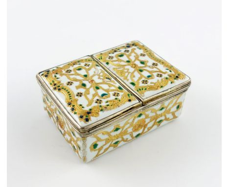 A Continental enamel double snuff box, mid 18th century, the rectangular form with silver-mounted hinged lids revealing adjac