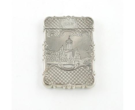 A Victorian silver engraved 'castle-top' card case, Chatsworth, by Taylor and Perry, Birmingham 1846, rectangular form, the f