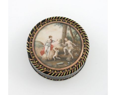 λA 19th century two coloured gold inlaid portrait snuff box, circular form, the pull-off cover inset with a miniature under g