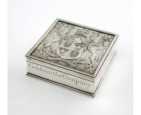 The Worshipful Company of Goldsmiths, a silver cigarette box, by Sebastian Garrard, London 1926, square form, the cover with 