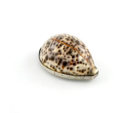 A George III silver-mounted cowrie shell snuff box, unmarked, circa 1790-1800, the mount with a flush hinged cover, engraved 