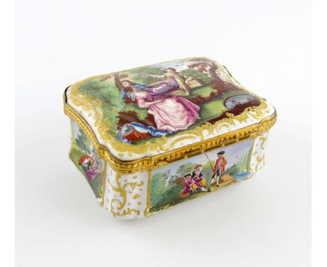 A large Birmingham or South Staffordshire enamel snuff box, c.1765-70, of shaped rectangular form, the cover painted with thr