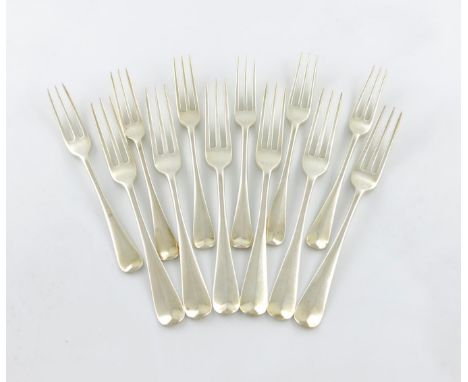 A matched set of six Victorian and Edwardian silver Hanoverian pattern table and dessert forks, by Holland, Aldwinckle & Slat