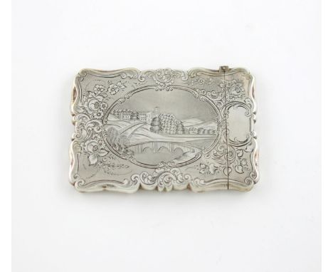 A Victorian silver engraved 'castle-top' card case, Haddon Hall, Derbyshire, by Nathaniel Mills, Birmingham 1847, rectangular