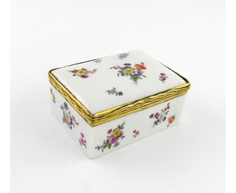 A Meissen rectangular snuff box, c.1760, the exterior with osier type moulding and painted with colourful sprays of deutscheB