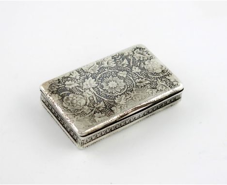 A 19th century Continental silver and niello work snuff box, rectangular form, with foliate scroll decoration, plain thumb-pi