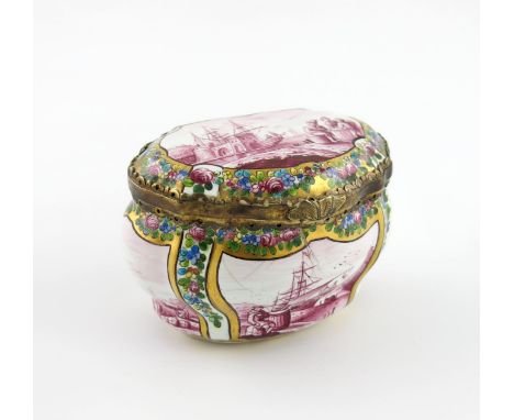 A German enamel bombι shaped snuff box, 2nd half 18th century, the exterior sides and lid painted in the Meissen manner with 