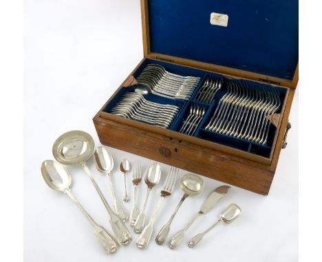 A Victorian silver Fiddle, Thread and Shell pattern canteen for twelve, Messrs Lias, London 1875, the terminals with a crest,