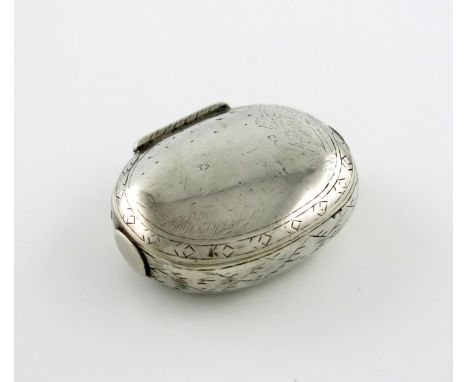 A 17th century silver squeeze-action spice / snuff box, maker's mark DS crowned, circa 1680-90, oval form, the hinged cover w
