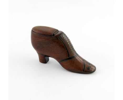 A late Victorian novelty treen shoe snuff box, with stud-work decoration, later hinged cover, length 12cm.