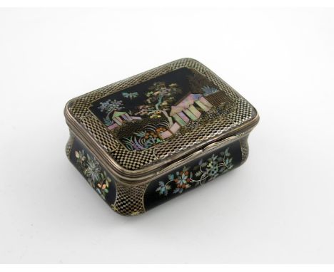 A late 18th / early 19th century silver-mounted black enamel snuff box, marked with French control marks, rectangular cushion