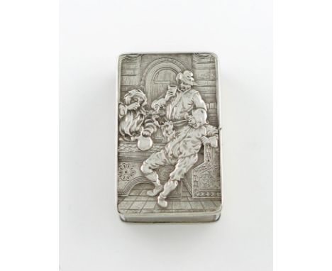 A George IV silver raised relief snuff box, tavern scene, by Christopher Bucker, London 1821, rectangular form, the hinged co