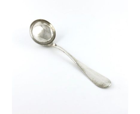 A large 19th century Continental silver soup ladle, unmarked, the stem stamped '2', the reverse of the terminal stamped 'E' a