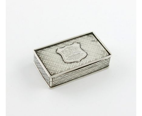 A Victorian presentation silver snuff box, by Francis Clark, Birmingham 1839, rectangular form, engraved tartan decoration, t