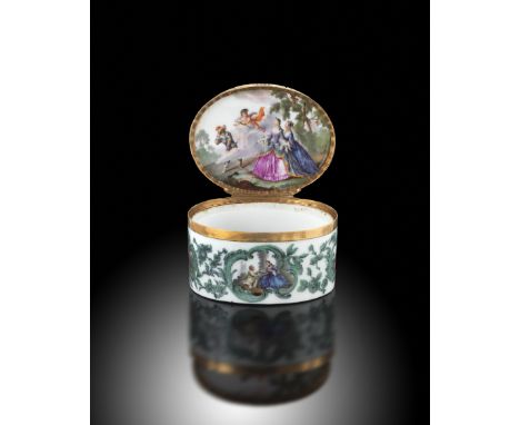 A fine and rare Meissen gold-mounted oval snuff box,  c.1750, moulded with rococo scrolls and flower sprays enamelled in gree