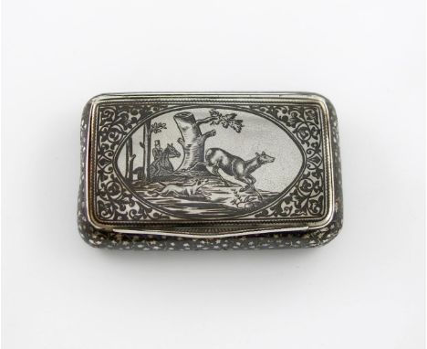 A 19th century Austro-Hungarian silver and niello work snuff box, maker's mark C.R, rectangular form, the hinged cover with s