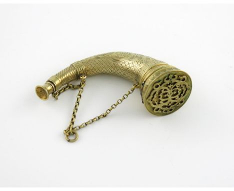 A Victorian silver-gilt horn vinaigrette / scent bottle, unmarked, circa 1870-80, the hinged cover applied with a monogram an