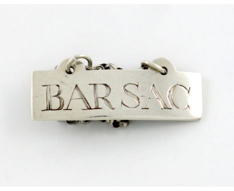 A George III provincial silver wine label, by Parsons and Goss, Exeter circa 1805, narrow rectangular form, incised 'BARSAC',