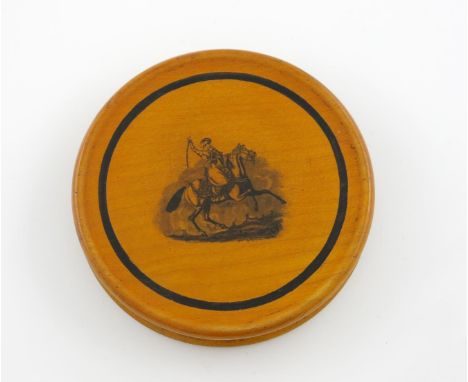 A 19th century Mauchline Ware sycamore and pen work snuff box, by Smith, Mauchline, circular form, the pull-off cover with a 