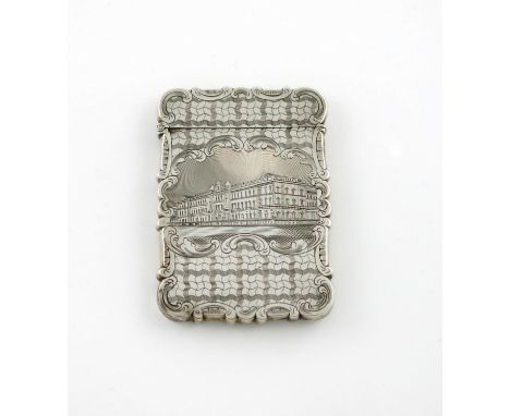 A Victorian silver engraved 'castle-top' card case, Buckingham Palace, by Alfred Taylor, Birmingham 1854, rectangular from, t