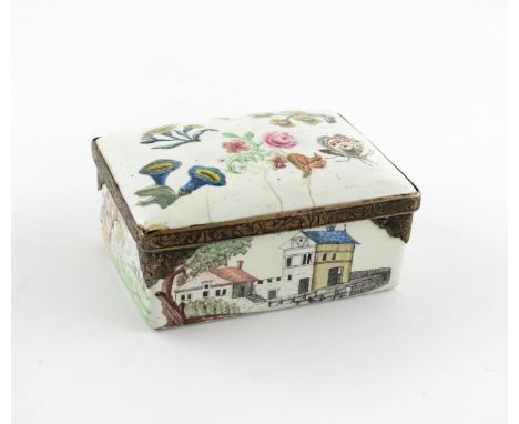 A silver-mounted enamel snuff box, 18th century, the sides finely painted with landscape scenes of buildings, one with a pipe