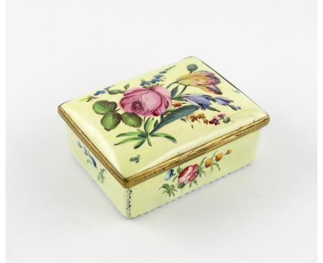 A large South Staffordshire enamel rectangular snuff box, c.1765, painted in raised enamel with a large spray of English flow