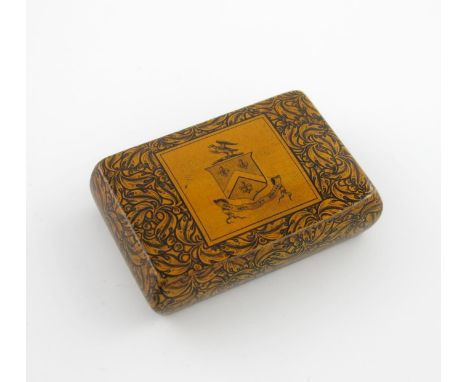 A 19th century Mauchline Ware sycamore and pen work snuff box, by Crichton, Cumnock, the cover decorated with a set of arms w