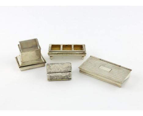 A collection of silver stamp boxes, comprising: an Edwardian one by Matthew Jessop, London 1902, rectangular form, slide-off 