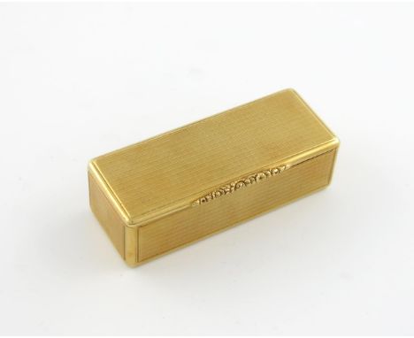 A 19th century French gold snuff box, circa 1830, rectangular form, engine-turned decoration, foliate thumb-piece, length 7.3