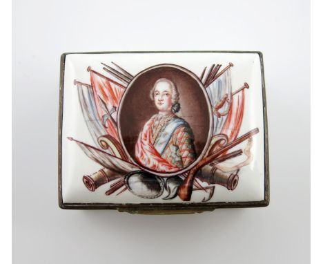 A rare Birmingham enamel rectangular snuff box of Jacobite interest, c.1760, the cover painted with an oval portrait of Bonni