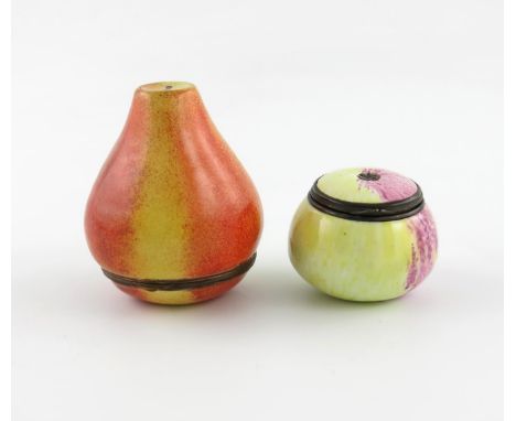 Two South Staffordshire enamel bonbonniθres, c.1770, naturalistically modelled as a pear and an apple, the former with a pale