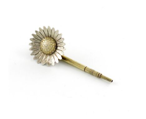 A Victorian silver-gilt novelty pencil, unmarked, probably by S. Mordan and Co, modelled as a daisy head button hole, silver-