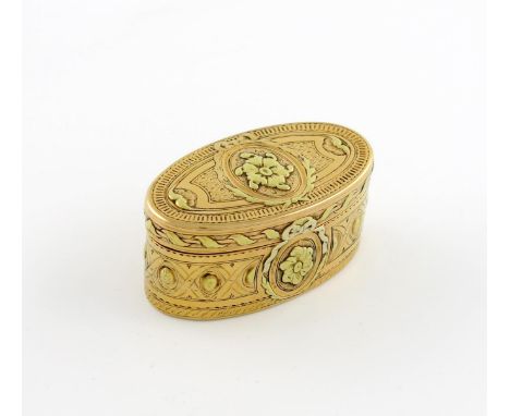 An 18th century French three-colour gold oval snuff box, by Nicholas-Augustin Delions, Paris 1766, the cover with a central p