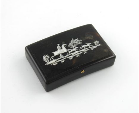 λA Victorian tortoiseshell snuff box, shaped rectangular form, the hinged cover inlaid with a hunting scene, length 7.5cm.
