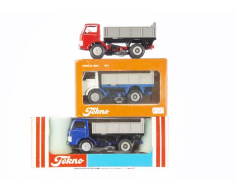 Tekno 914 Ford D Tipper, three examples, first red cab and chassis, grey tipper, second white cab, blue chassis, grey tipper,