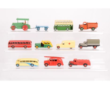 Dinky Toy Small Commercial Vehicles, including 25b Covered Wagon, grey body, black type 4 chassis, red hubs, dark grey tilt, 