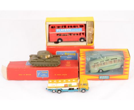 Tri-ang Minic Motorway 00 Gauge Commercial Vehicles and Tank, M1544 light green Coach with green flash, in original window bo