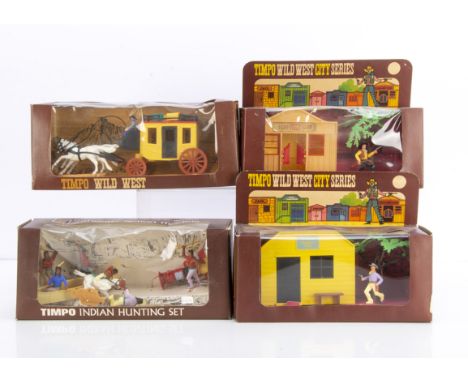 Timpo Toys boxed Wild West series No. 270 Stage Coach,  No. 278 Indian Hunting Set, No. 293 US Marshall's Office, and Golden 