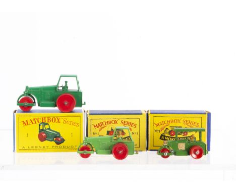 Matchbox Lesney 1-75 Series Diesel Road Roller, three examples, 1a dark green body, straight roof ends, 1c light green body, 